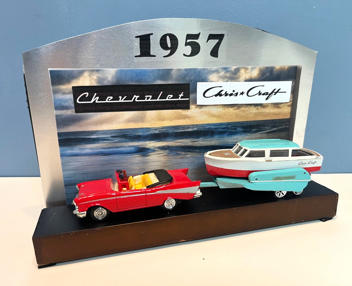1957 Chris-Craft Model Boat on Trailer w Diecast Chevy Model Diorama Display With Backdrop 10" long