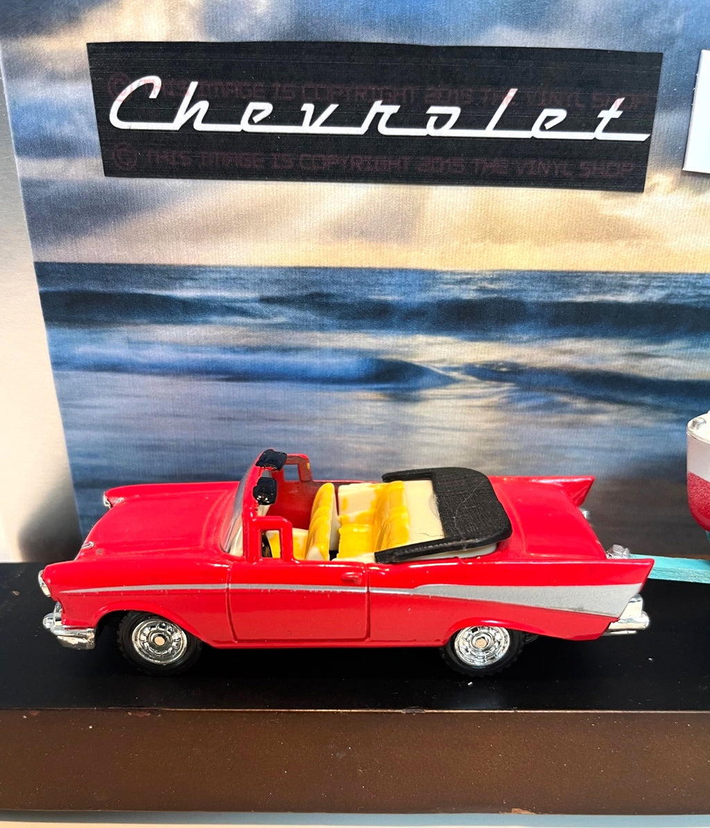1957 Chris-Craft Model Boat on Trailer w Diecast Chevy Model Diorama Display With Backdrop 10" long