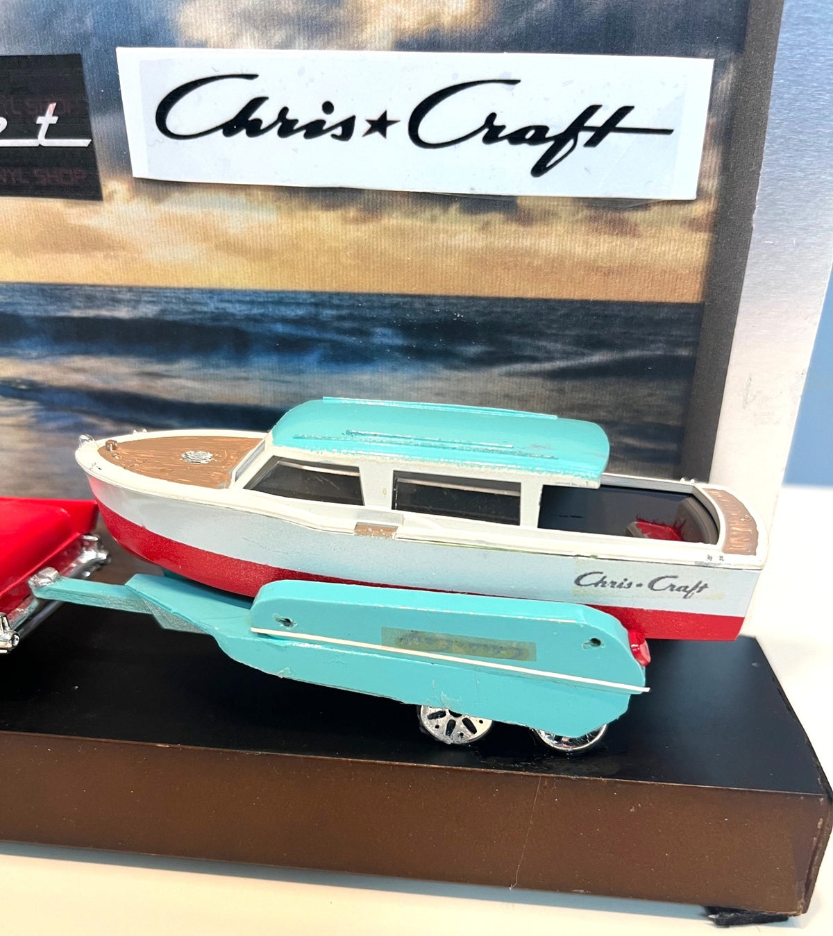1957 Chris-Craft Model Boat on Trailer w Diecast Chevy Model Diorama Display With Backdrop 10" long