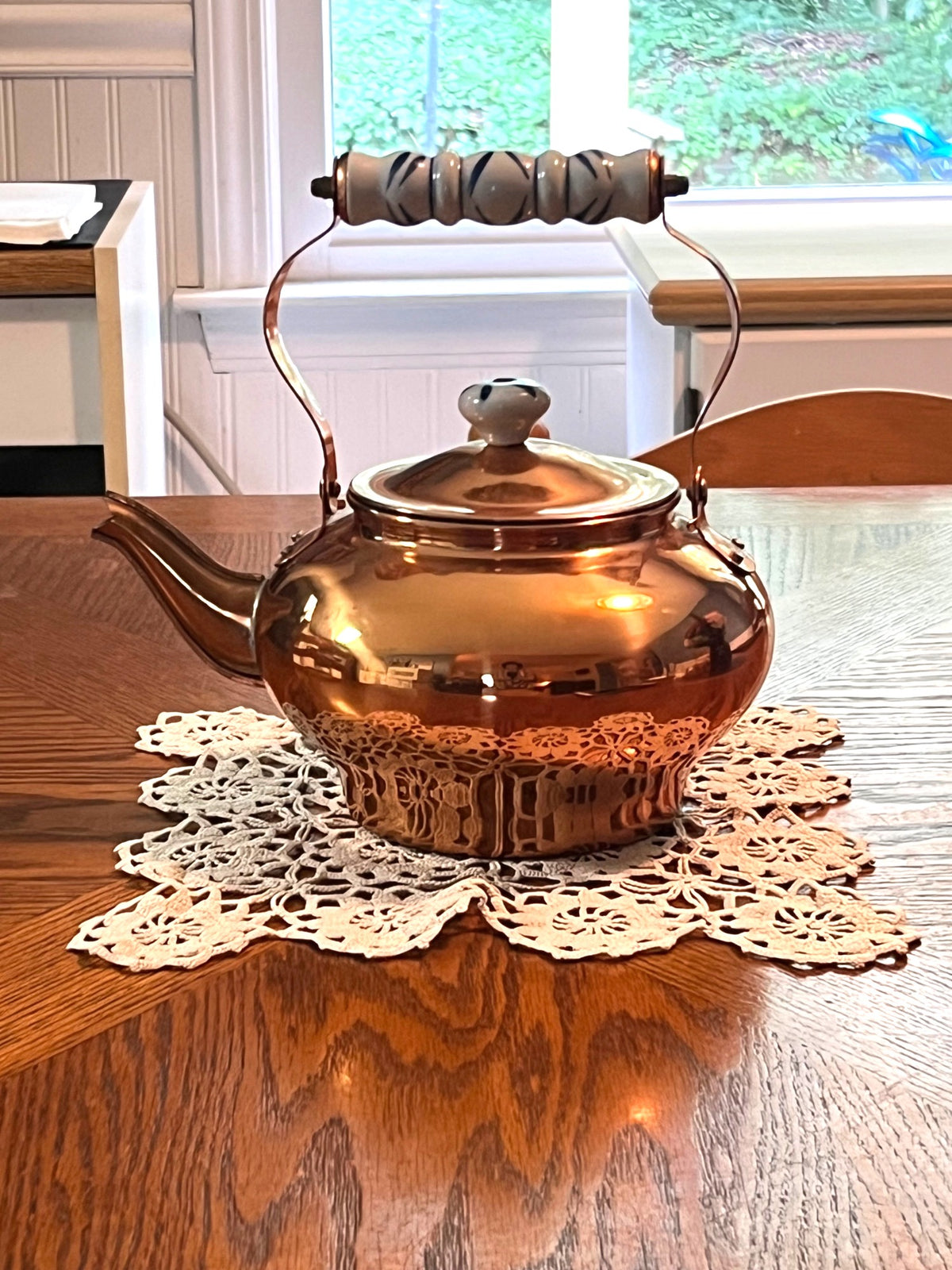 Vintage Copper Teapot With Porcelain Blue Delft Handle & Lid Knob 9" x 9"