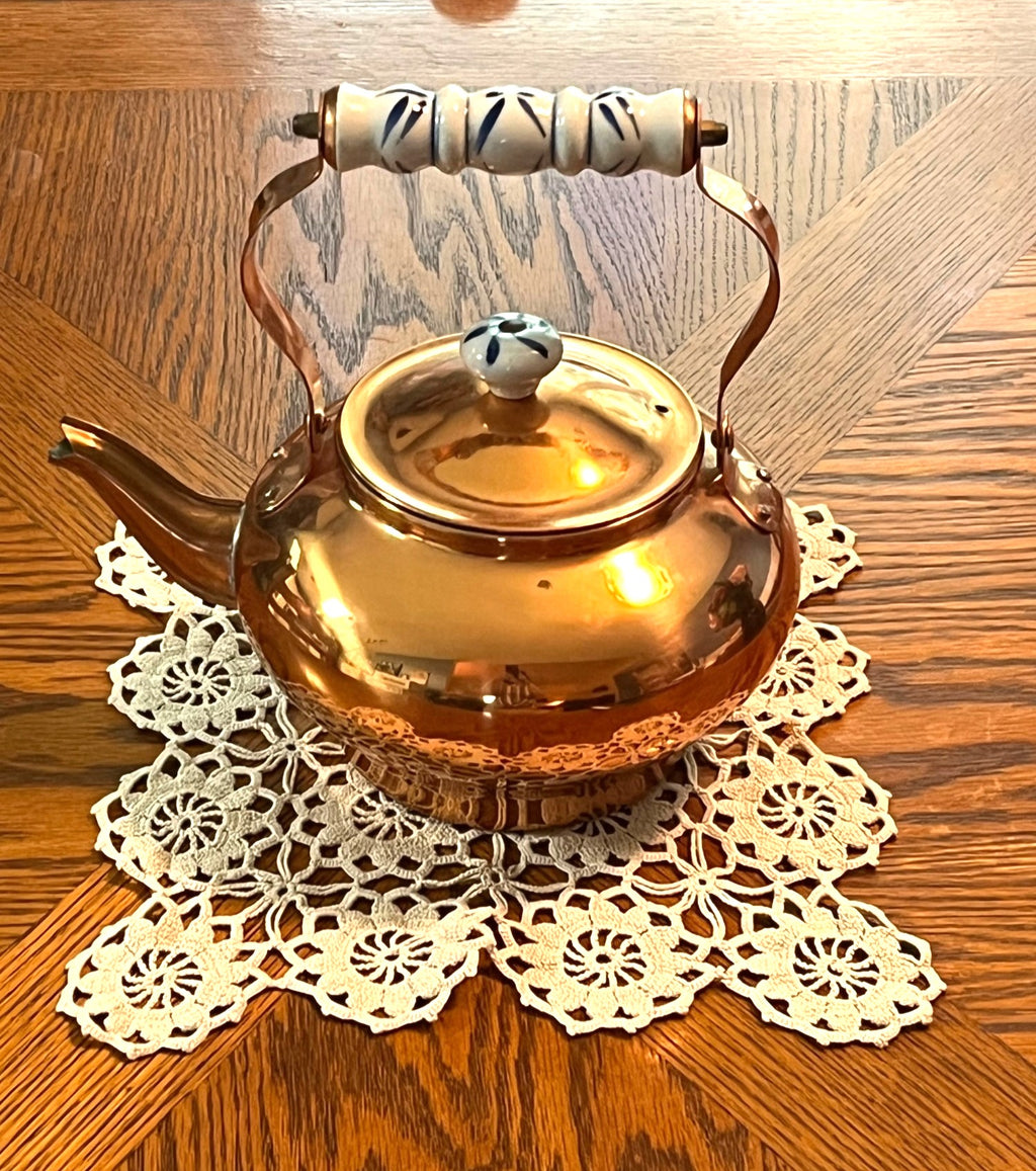 Vintage Copper Teapot With Porcelain Blue Delft Handle & Lid Knob 9" x 9"