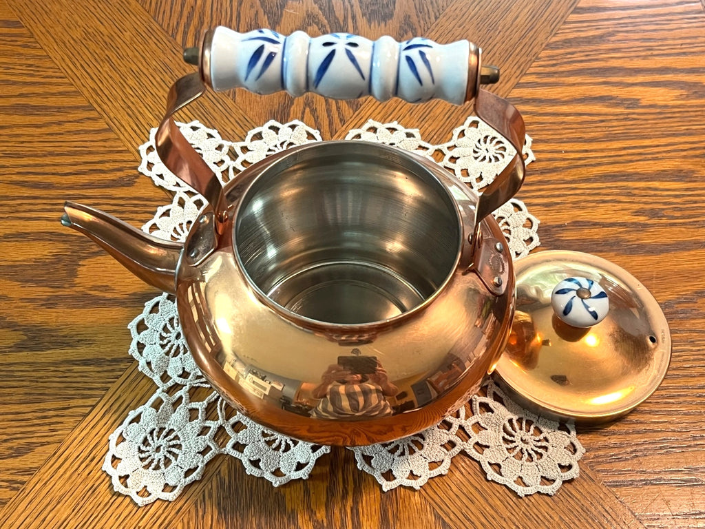 Vintage Copper Teapot With Porcelain Blue Delft Handle & Lid Knob 9" x 9"
