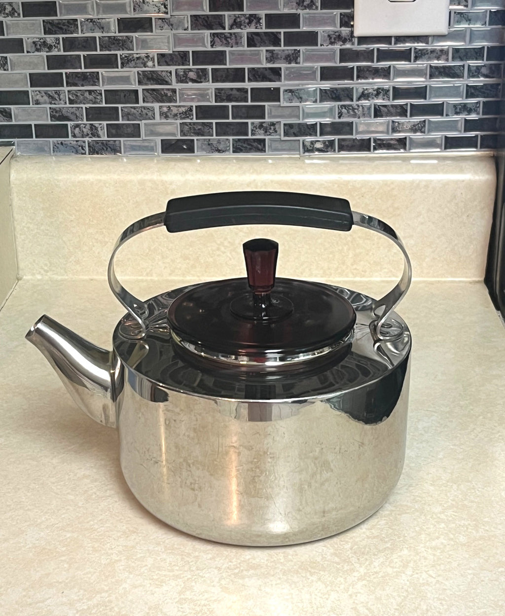 Dansk International Stainless Steel 2 Qt. Teakettle With Black Handle & Purple Glass Lid Classic Design