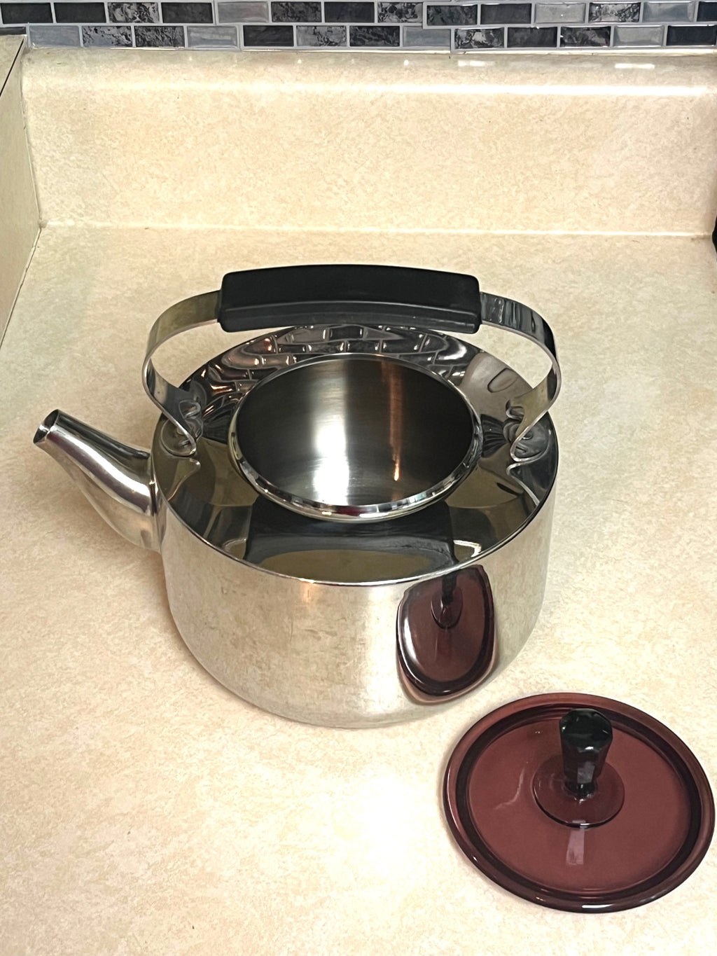 Dansk International Stainless Steel 2 Qt. Teakettle With Black Handle & Purple Glass Lid Classic Design