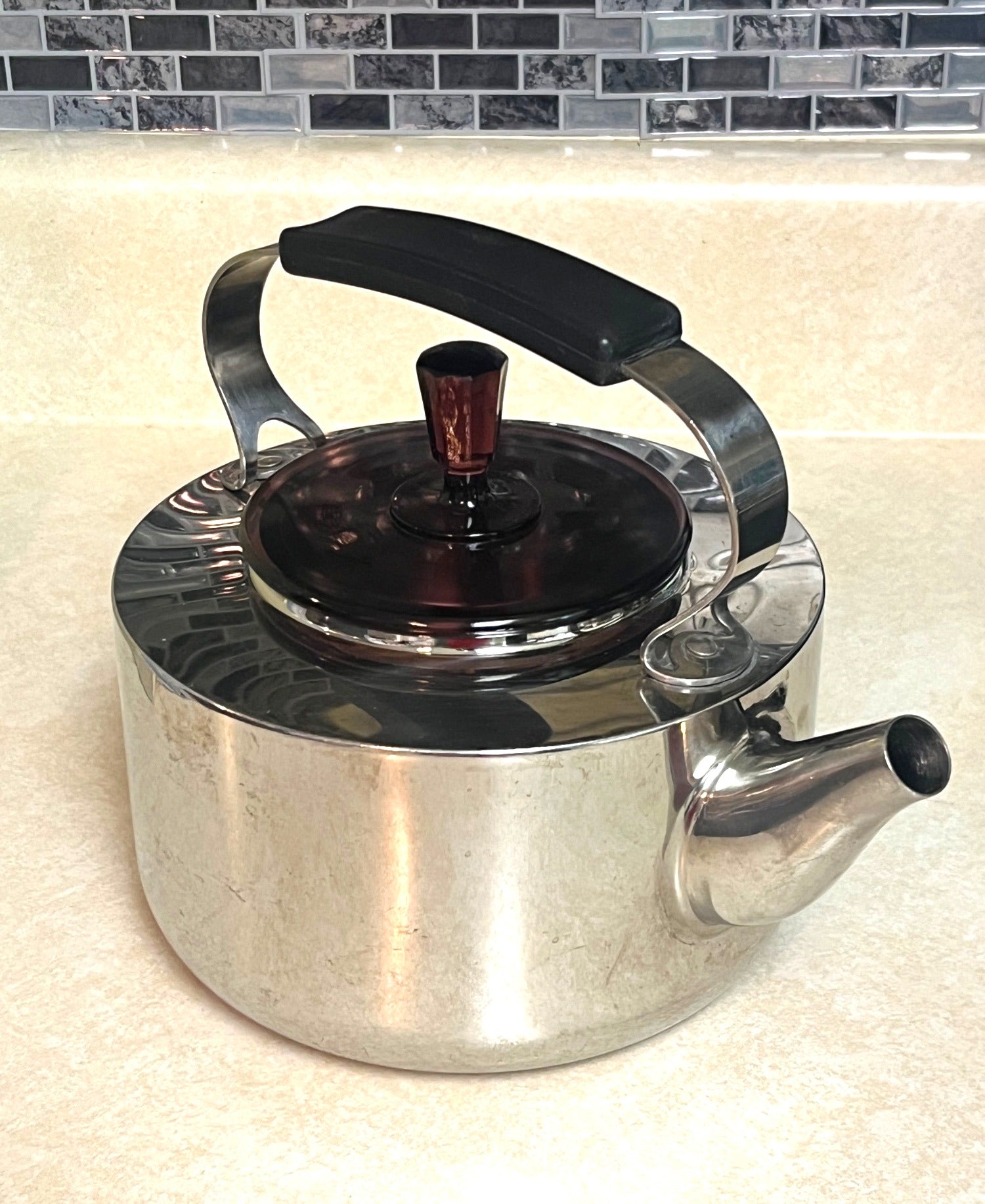 Dansk International Stainless Steel 2 Qt. Teakettle With Black Handle & Purple Glass Lid Classic Design