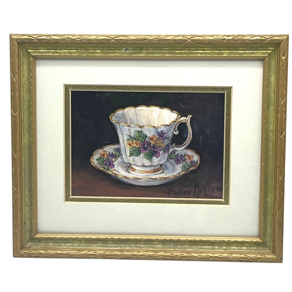 Barbara Mock Signed Framed Viola Pansies Floral Teacup Print Gold Wooden Frame w Glass 9.75" x 11.75"