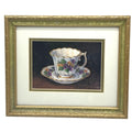 Barbara Mock Signed Framed Viola Pansies Floral Teacup Print Gold Wooden Frame w Glass 9.75" x 11.75"