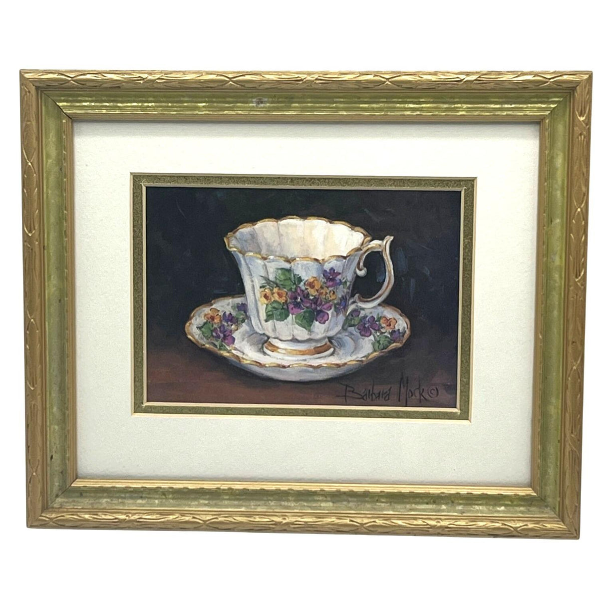Barbara Mock Signed Framed Viola Pansies Floral Teacup Print Gold Wooden Frame w Glass 9.75" x 11.75"