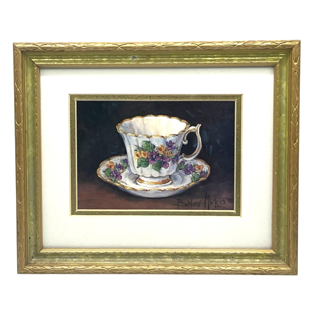 Barbara Mock Signed Framed Viola Pansies Floral Teacup Print Gold Wooden Frame w Glass 9.75" x 11.75"