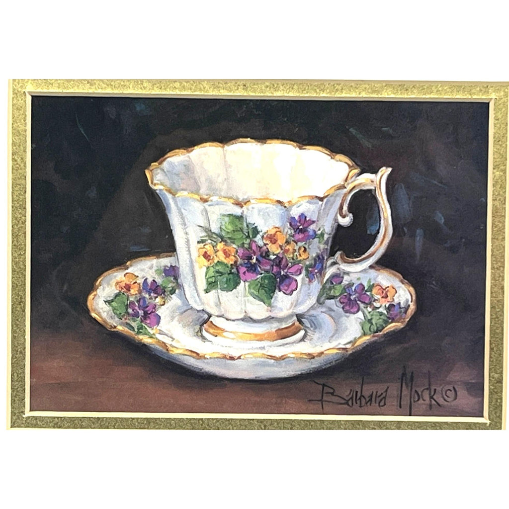 Barbara Mock Signed Framed Viola Pansies Floral Teacup Print Gold Wooden Frame w Glass 9.75" x 11.75"