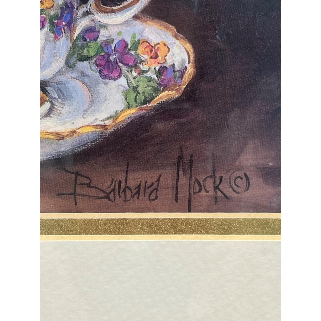 Barbara Mock Signed Framed Viola Pansies Floral Teacup Print Gold Wooden Frame w Glass 9.75" x 11.75"