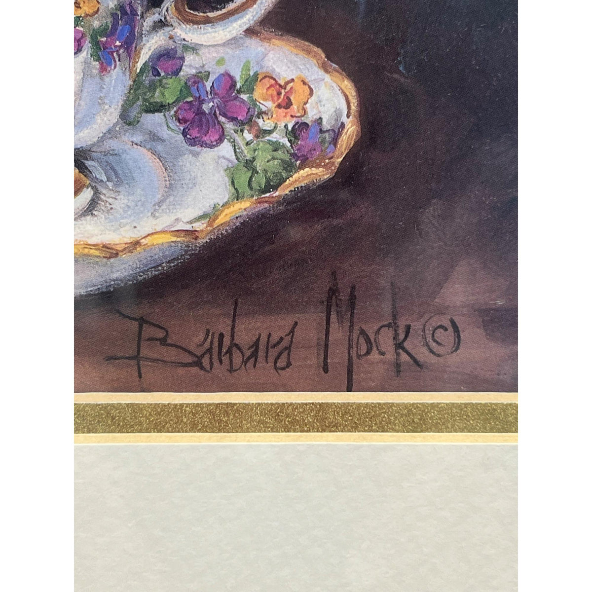 Barbara Mock Signed Framed Viola Pansies Floral Teacup Print Gold Wooden Frame w Glass 9.75" x 11.75"