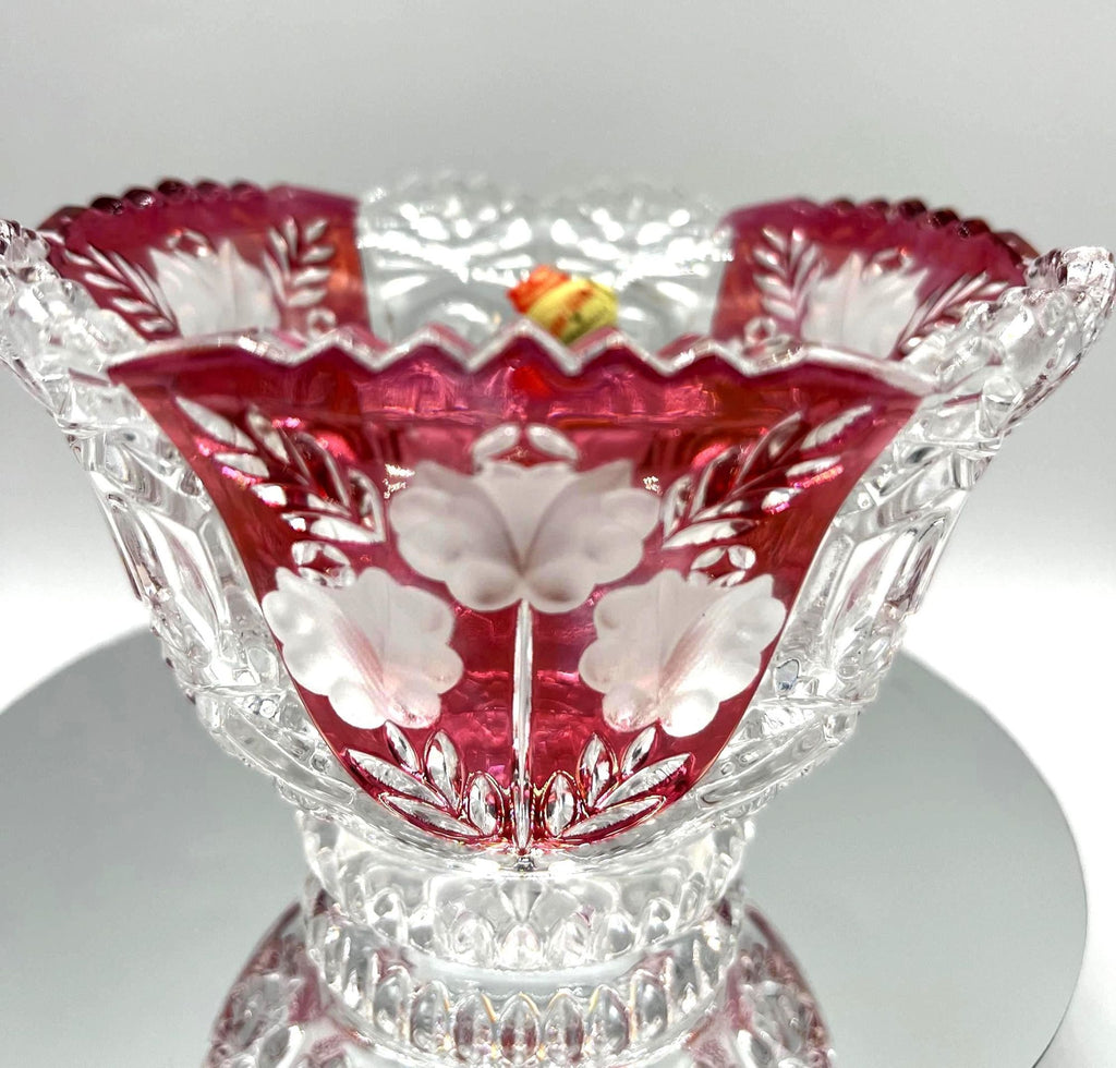 Anna Hütte Bleikristall Lead Crystal Bowl Clear Cut to Red Floral Accents Handcrafted In Germany 6" high