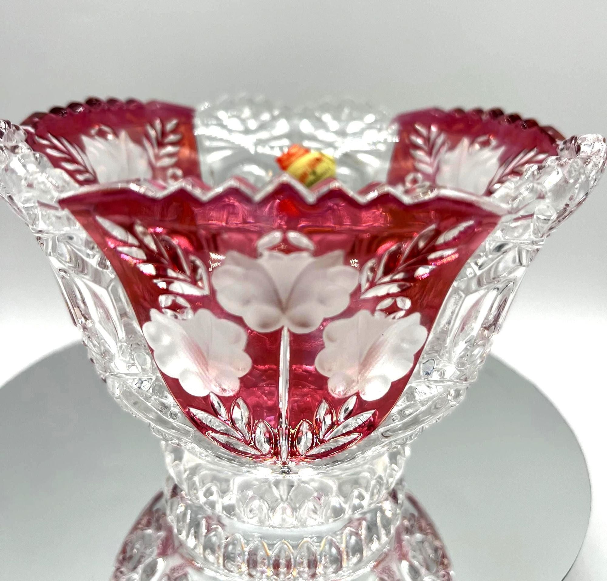 Anna Hütte Bleikristall Lead Crystal Bowl Clear Cut to Red Floral Accents Handcrafted In Germany 6" high