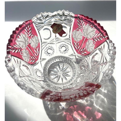 Anna Hütte Bleikristall Lead Crystal Bowl Clear Cut to Red Floral Accents Handcrafted In Germany 6" high