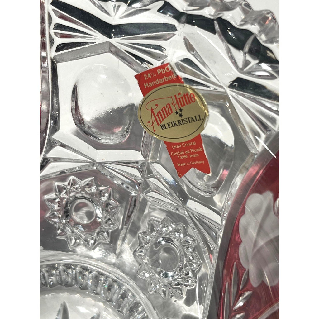 Anna Hütte Bleikristall Lead Crystal Bowl Clear Cut to Red Floral Accents Handcrafted In Germany 6" high