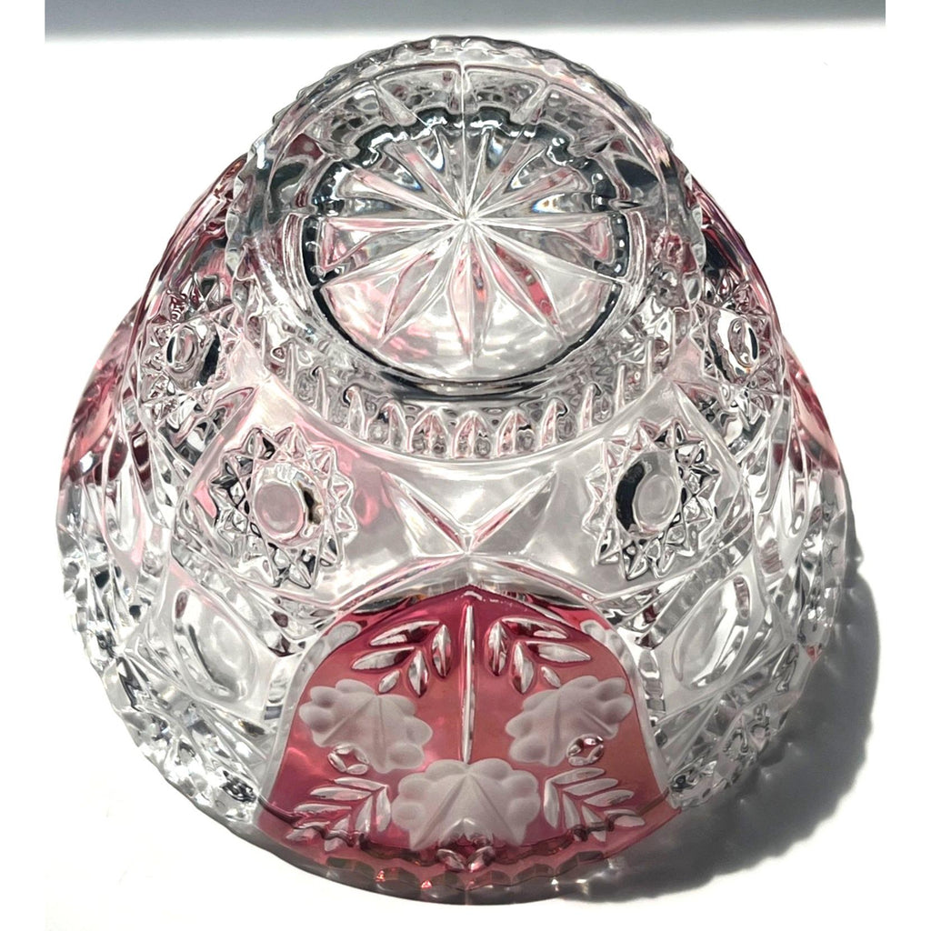 Anna Hütte Bleikristall Lead Crystal Bowl Clear Cut to Red Floral Accents Handcrafted In Germany 6" high