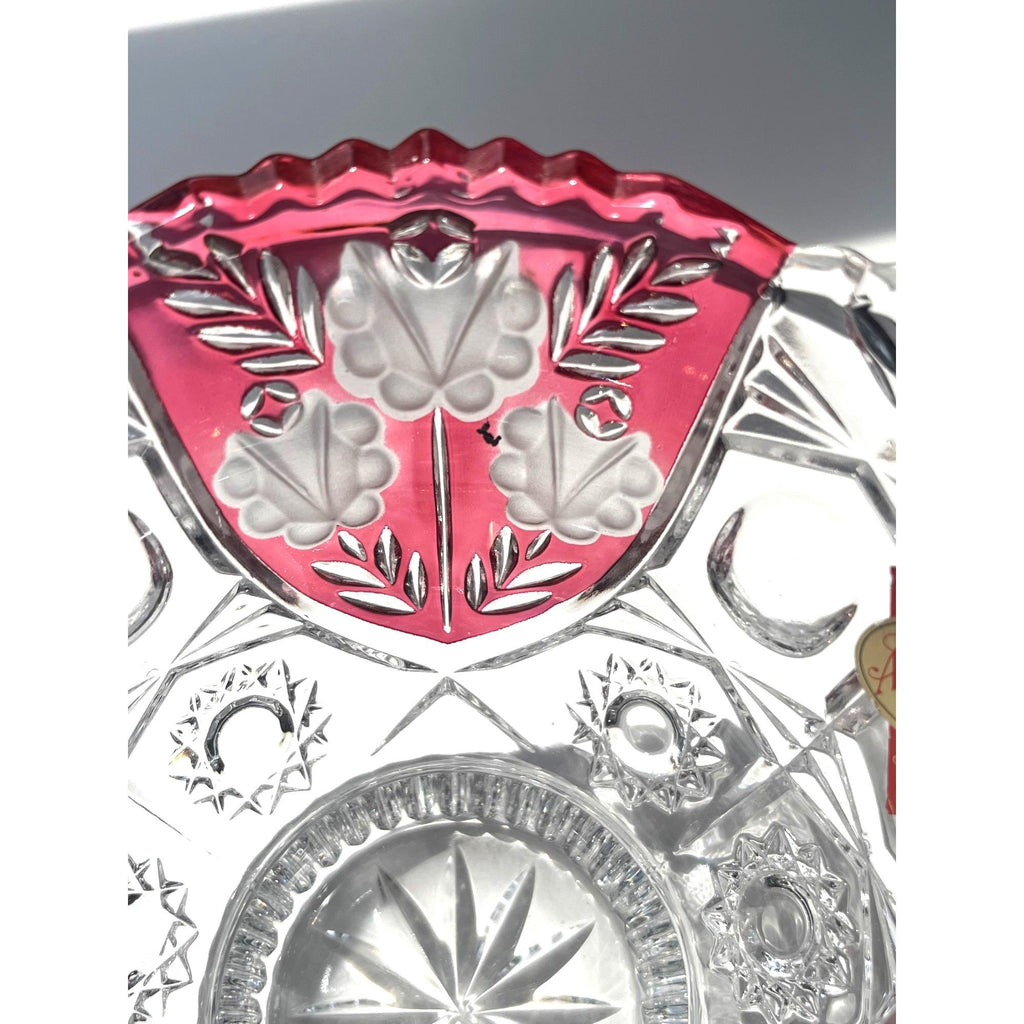 Anna Hütte Bleikristall Lead Crystal Bowl Clear Cut to Red Floral Accents Handcrafted In Germany 6" high