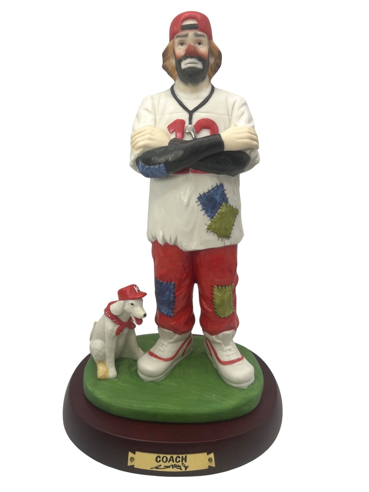 Emmett Kelly Jr. Coach Figurine Professional Series Collection Hand-Painted Porcelain With Dog On Wooden Base 10" tall