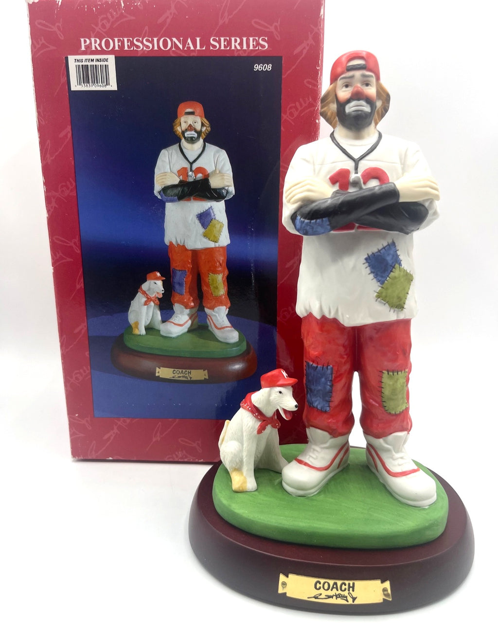 Emmett Kelly Jr. Coach Figurine Professional Series Collection Hand-Painted Porcelain With Dog On Wooden Base 10" tall