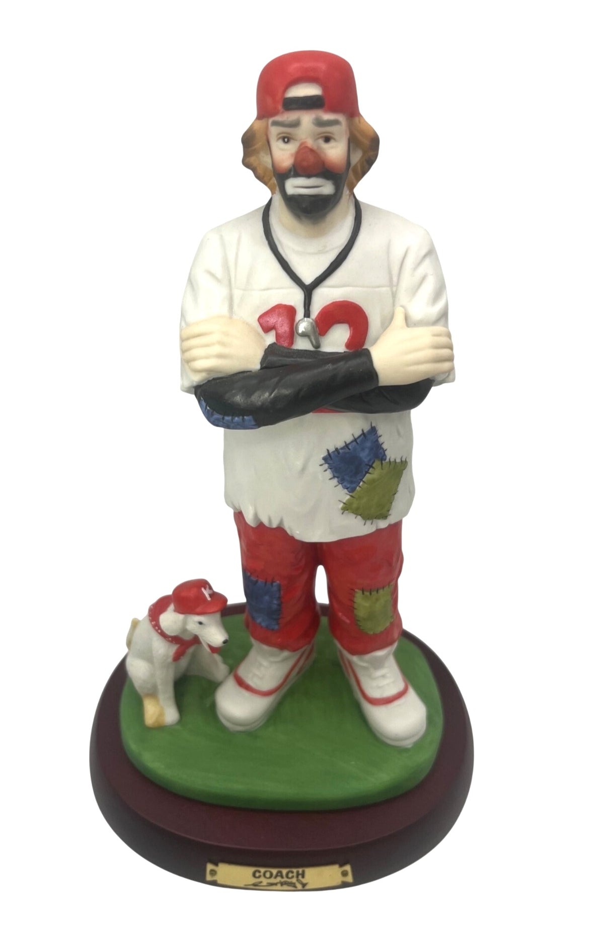 Emmett Kelly Jr. Coach Figurine Professional Series Collection Hand-Painted Porcelain With Dog On Wooden Base 10" tall