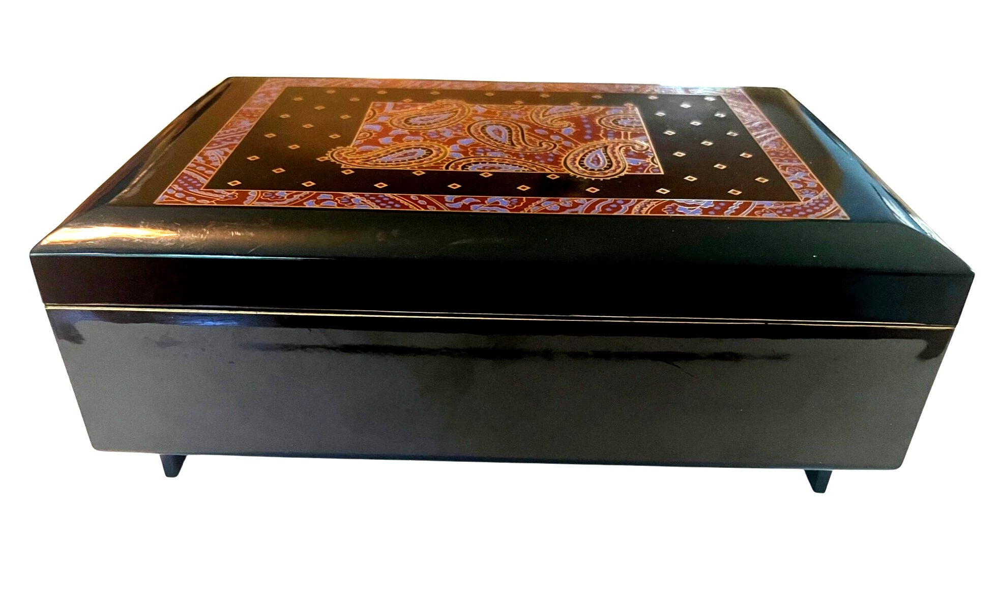 Vintage Black Lacquerware Jewelry Box With Mirror & Paisley Design By Otagiri Japan Plays Feelings