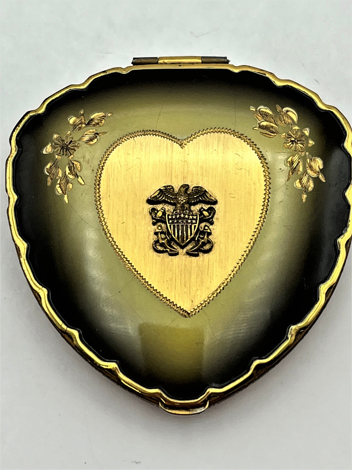1940's WWII Lady's Compact with Navy Marine Emblem Eagle Anchors and Swords