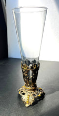 Vintage Ornate Glass Vase With Brass & Amber Rhinestone Accents 9" tall