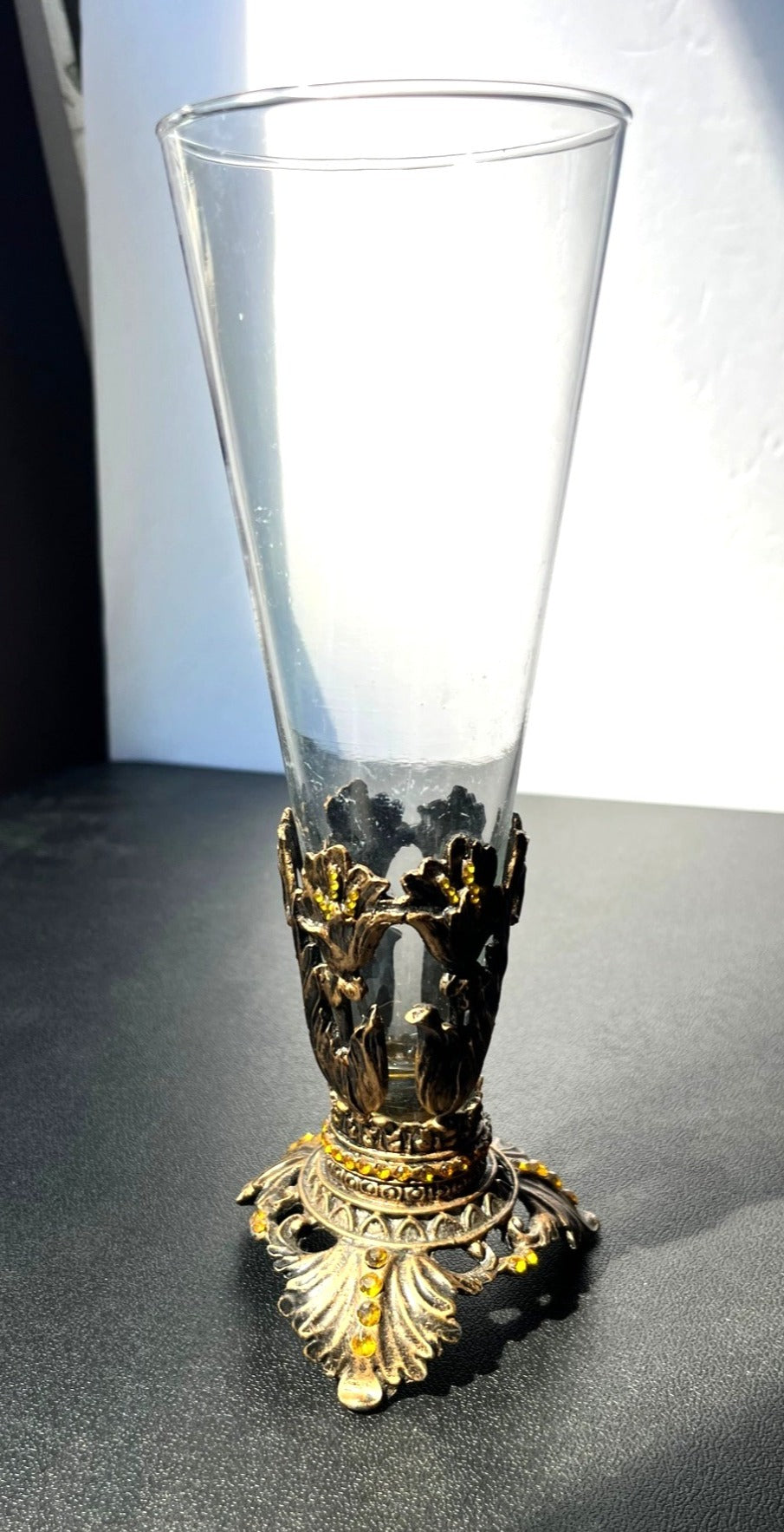 Vintage Ornate Glass Vase With Brass & Amber Rhinestone Accents 9" tall