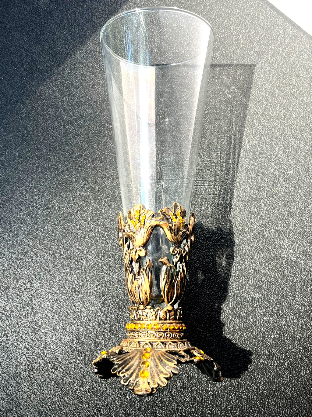 Vintage Ornate Glass Vase With Brass & Amber Rhinestone Accents 9" tall