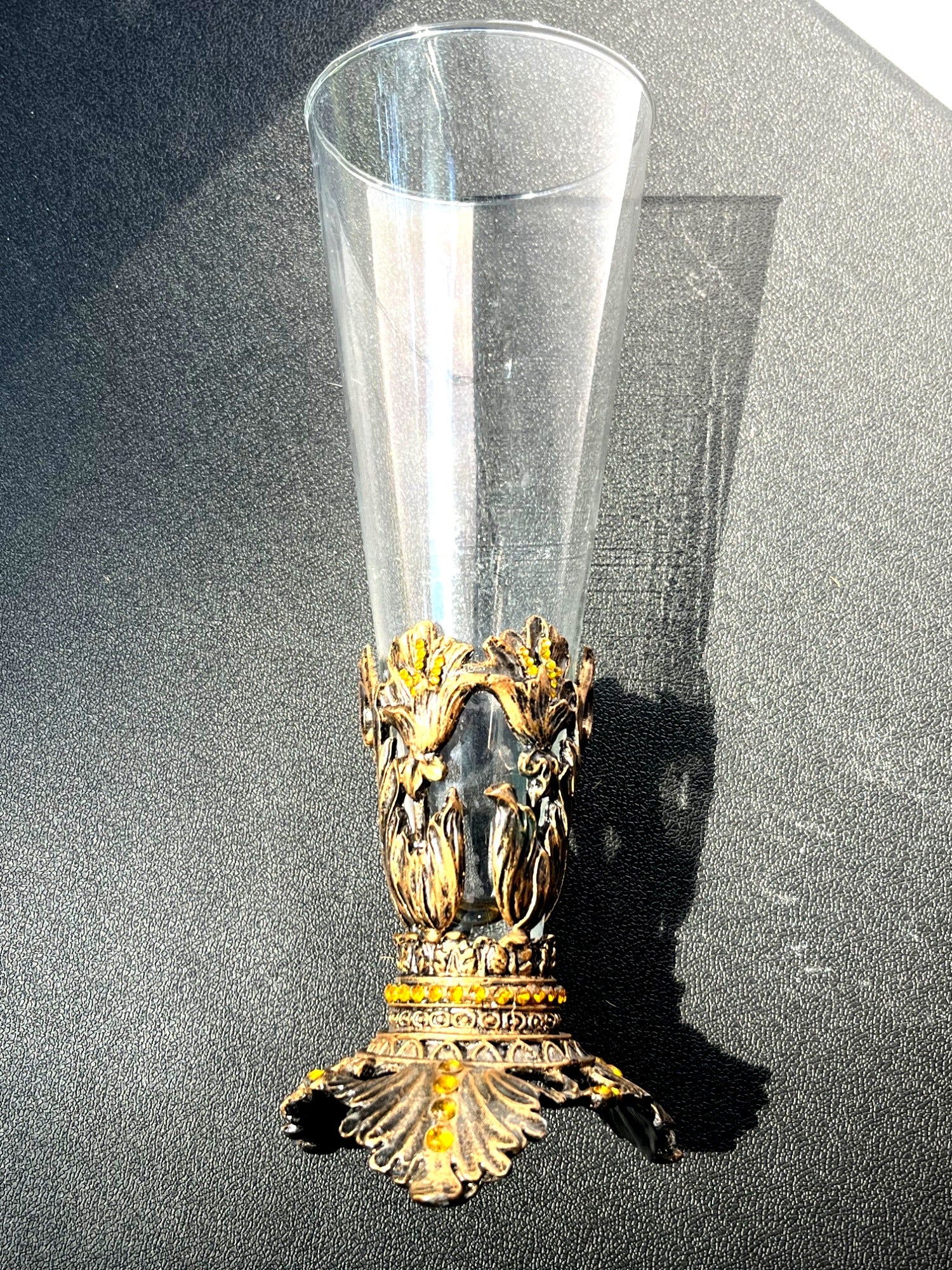 Vintage Ornate Glass Vase With Brass & Amber Rhinestone Accents 9" tall