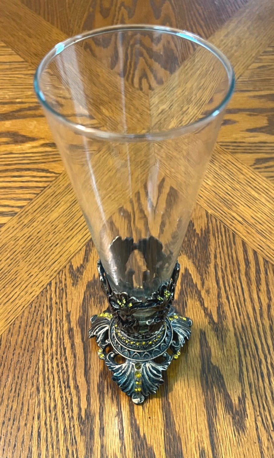 Vintage Ornate Glass Vase With Brass & Amber Rhinestone Accents 9" tall