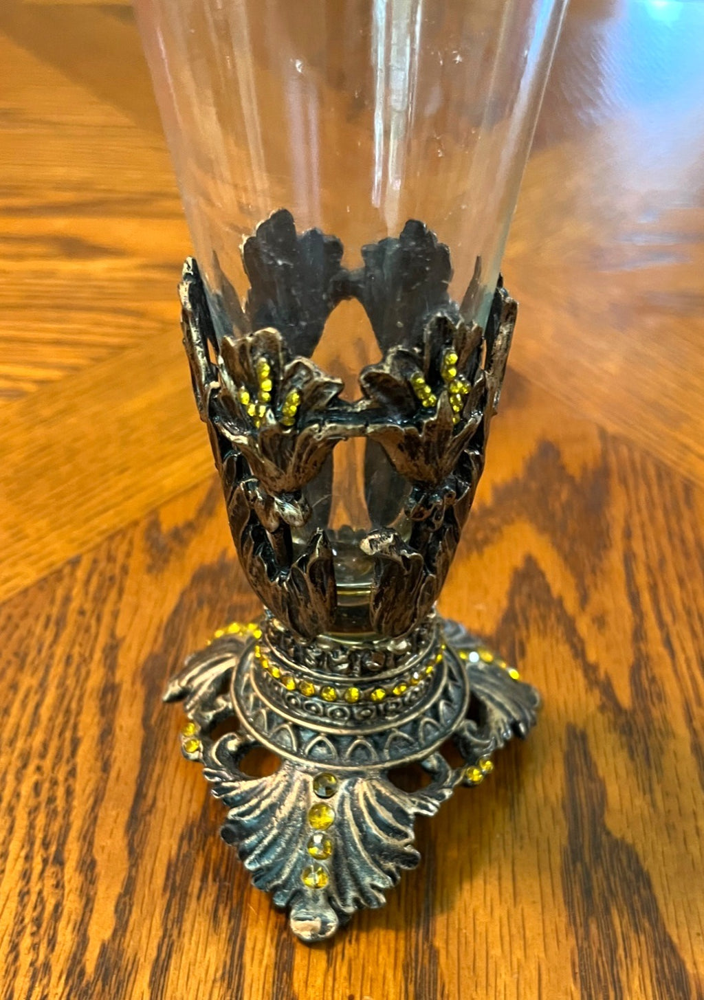 Vintage Ornate Glass Vase With Brass & Amber Rhinestone Accents 9" tall