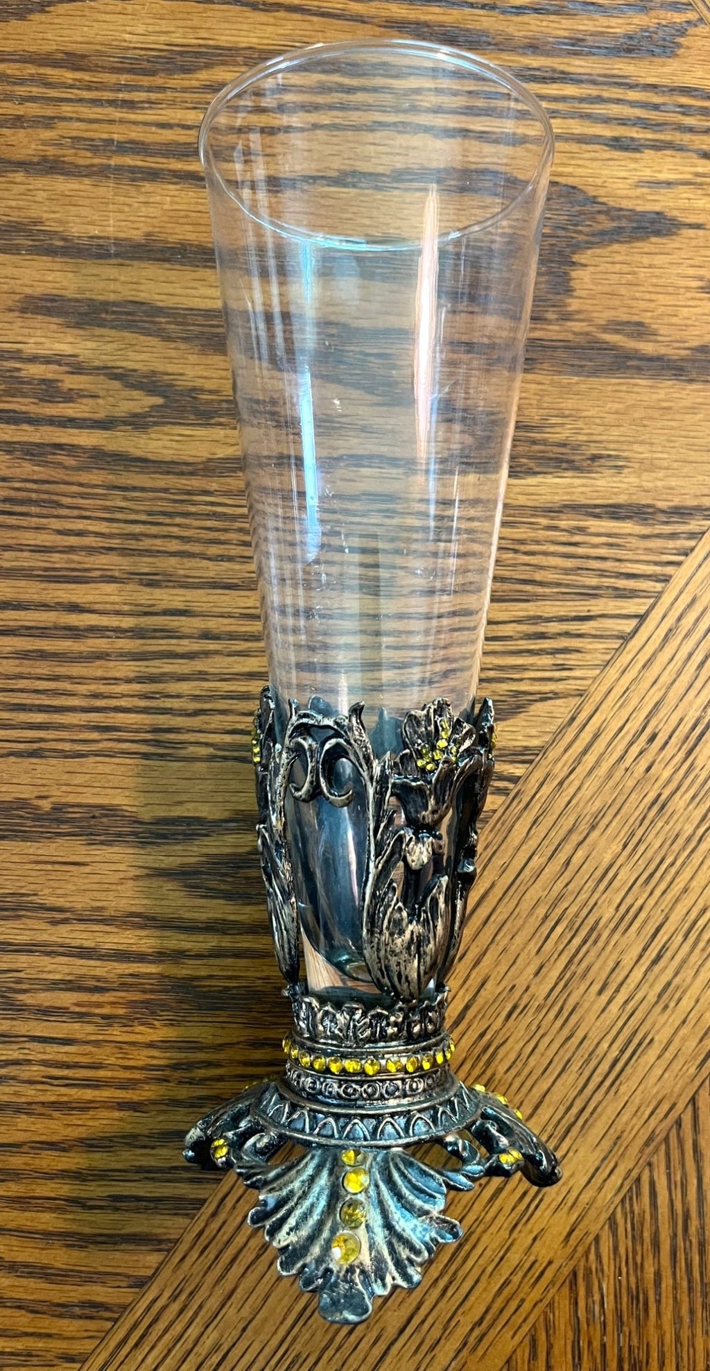 Vintage Ornate Glass Vase With Brass & Amber Rhinestone Accents 9" tall