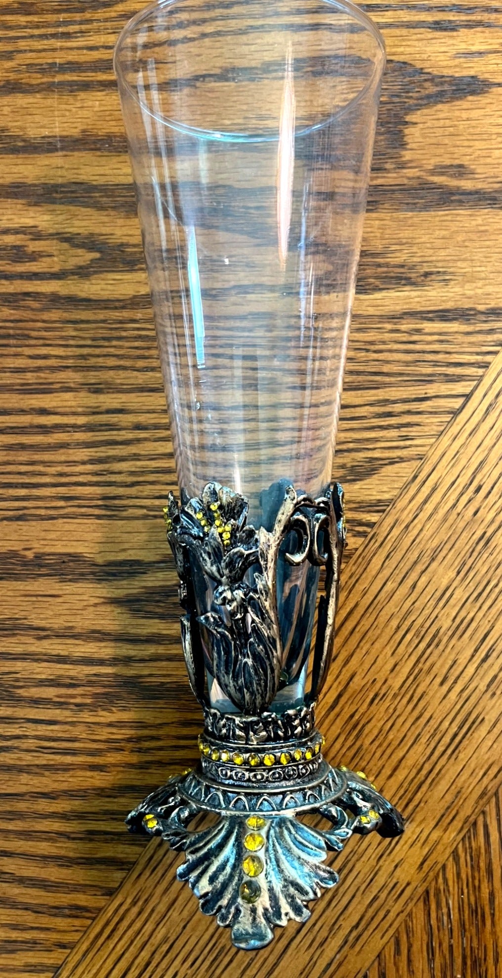 Vintage Ornate Glass Vase With Brass & Amber Rhinestone Accents 9" tall