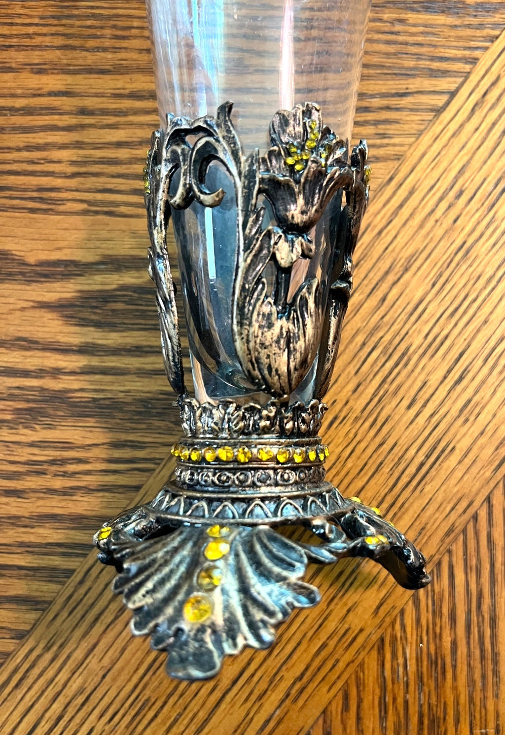 Vintage Ornate Glass Vase With Brass & Amber Rhinestone Accents 9" tall