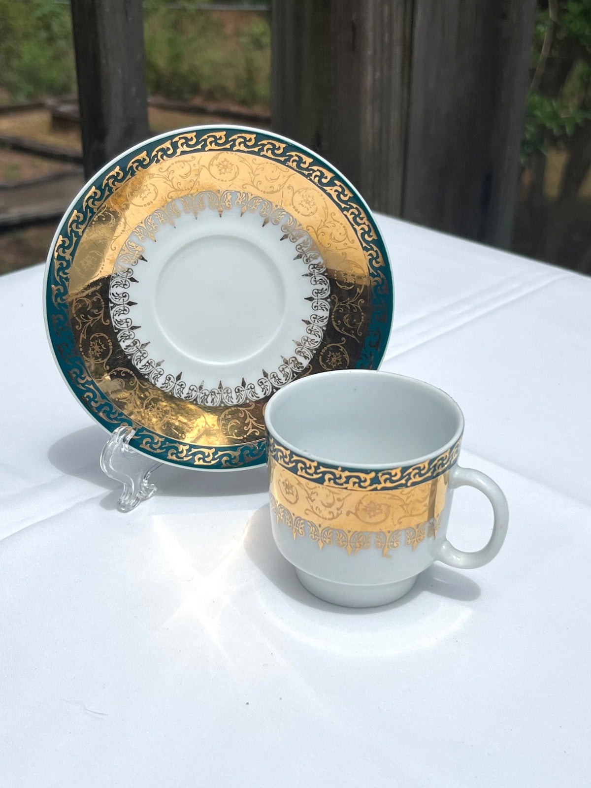 Vintage Haas Czjzek Espresso Cup Saucer Set With Gold & Teal Intricate Design Made In Czechoslovakia