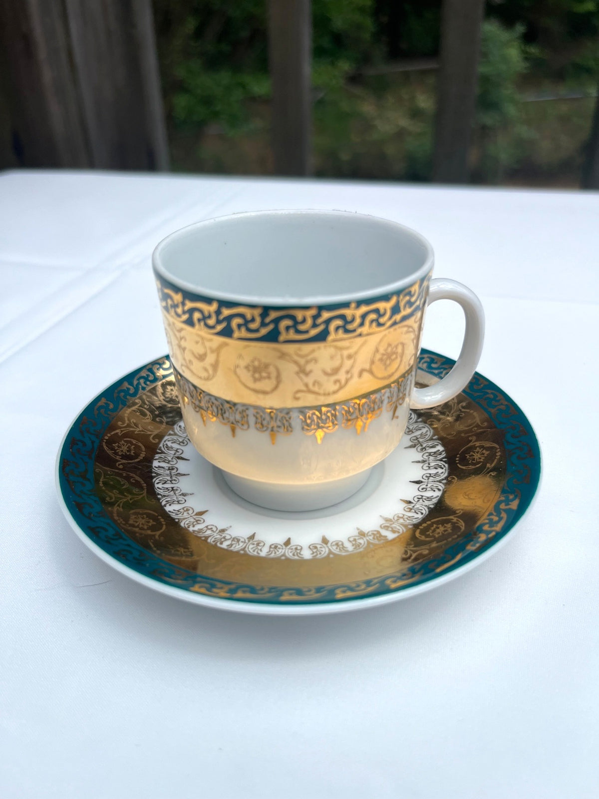 Vintage Haas Czjzek Espresso Cup Saucer Set With Gold & Teal Intricate Design Made In Czechoslovakia