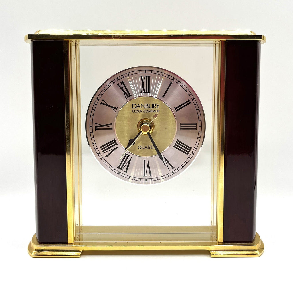 Danbury Quartz Clock Brass Acrylic and Mahogany Wood Mantel Desk or Shelf Clock. 7.25" x 6.75" tall