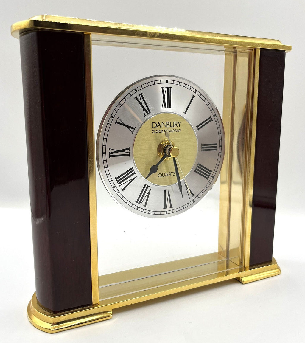 Danbury Quartz Clock Brass Acrylic and Mahogany Wood Mantel Desk or Shelf Clock. 7.25" x 6.75" tall
