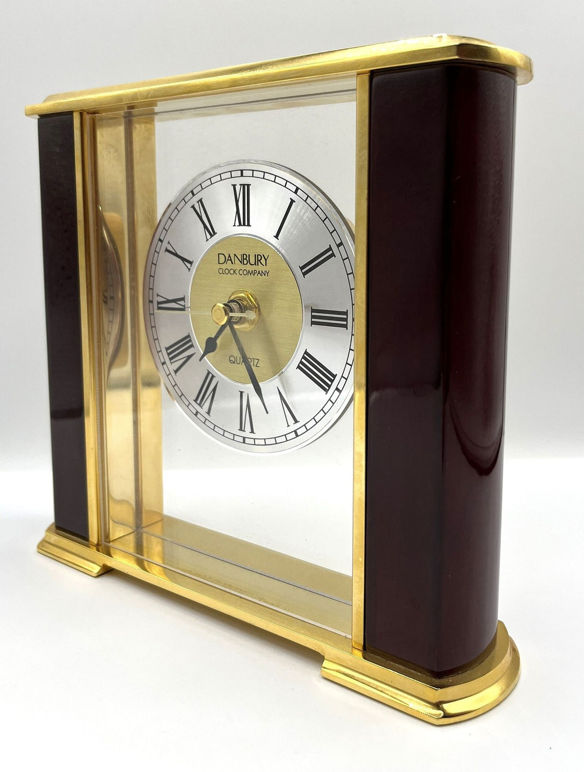 Danbury Quartz Clock Brass Acrylic and Mahogany Wood Mantel Desk or Shelf Clock. 7.25" x 6.75" tall