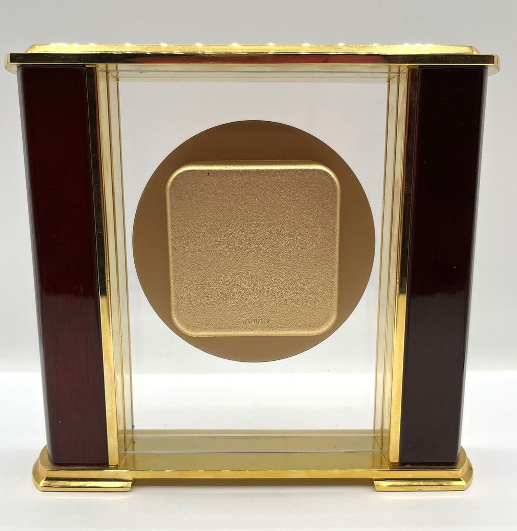 Danbury Quartz Clock Brass Acrylic and Mahogany Wood Mantel Desk or Shelf Clock. 7.25" x 6.75" tall