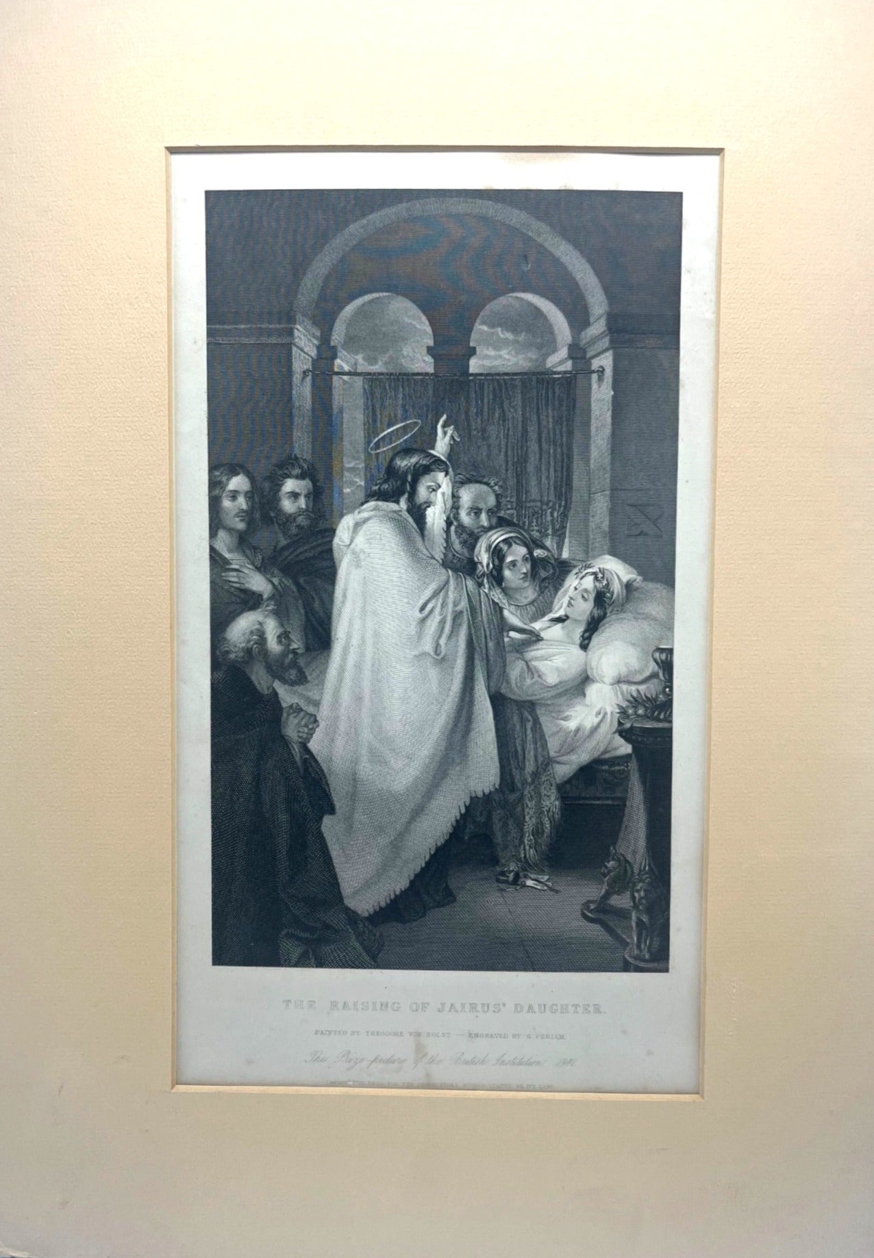 The Raising Of Jairus Daughter Engraving By G. Periam of Theodore Von Holst 1841 Painting  12 x 17.5"
