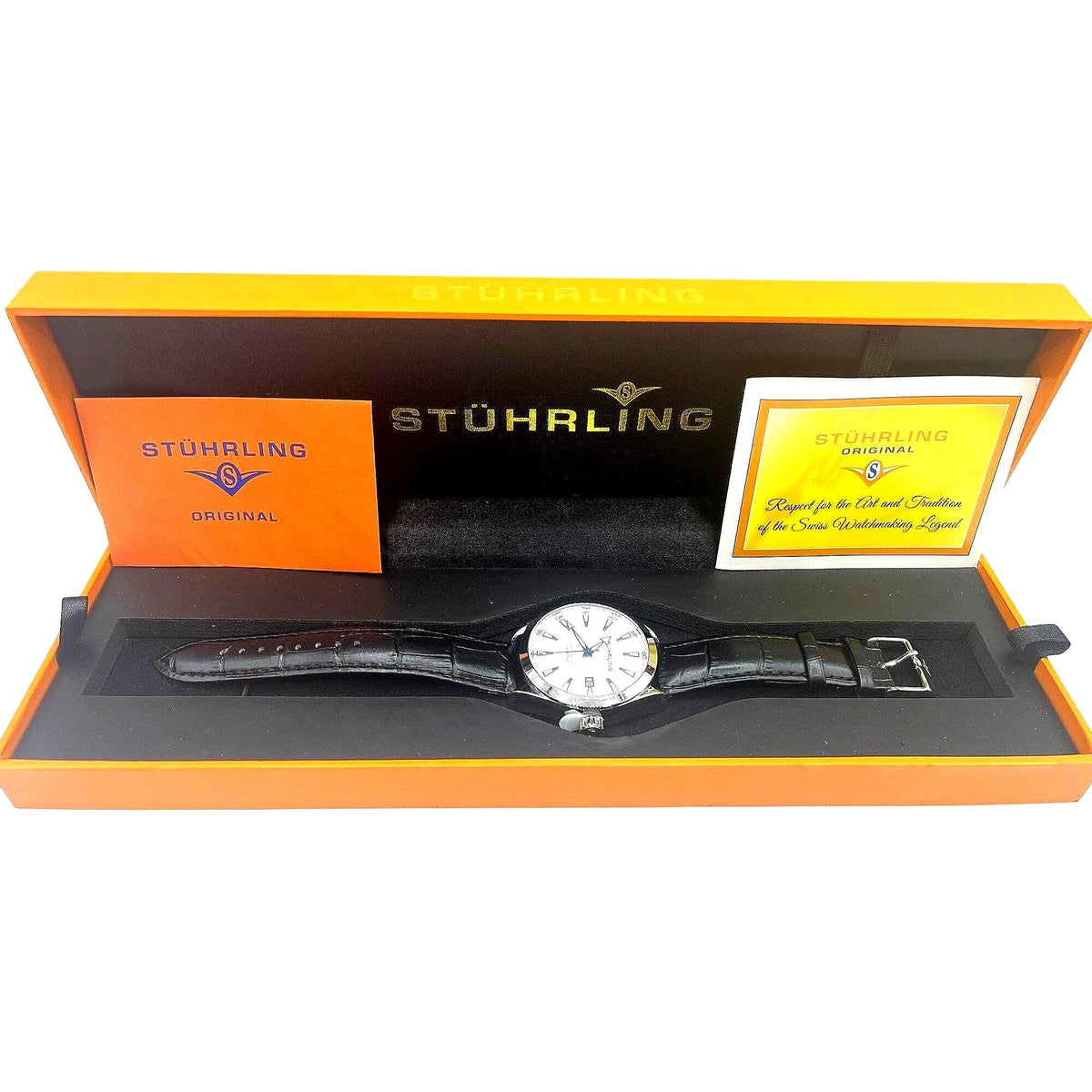 Stuhrling Original Mens Watch With White Dial Black Leather Band Stainless Steel Case Water Resistant 100 Meters Date Display