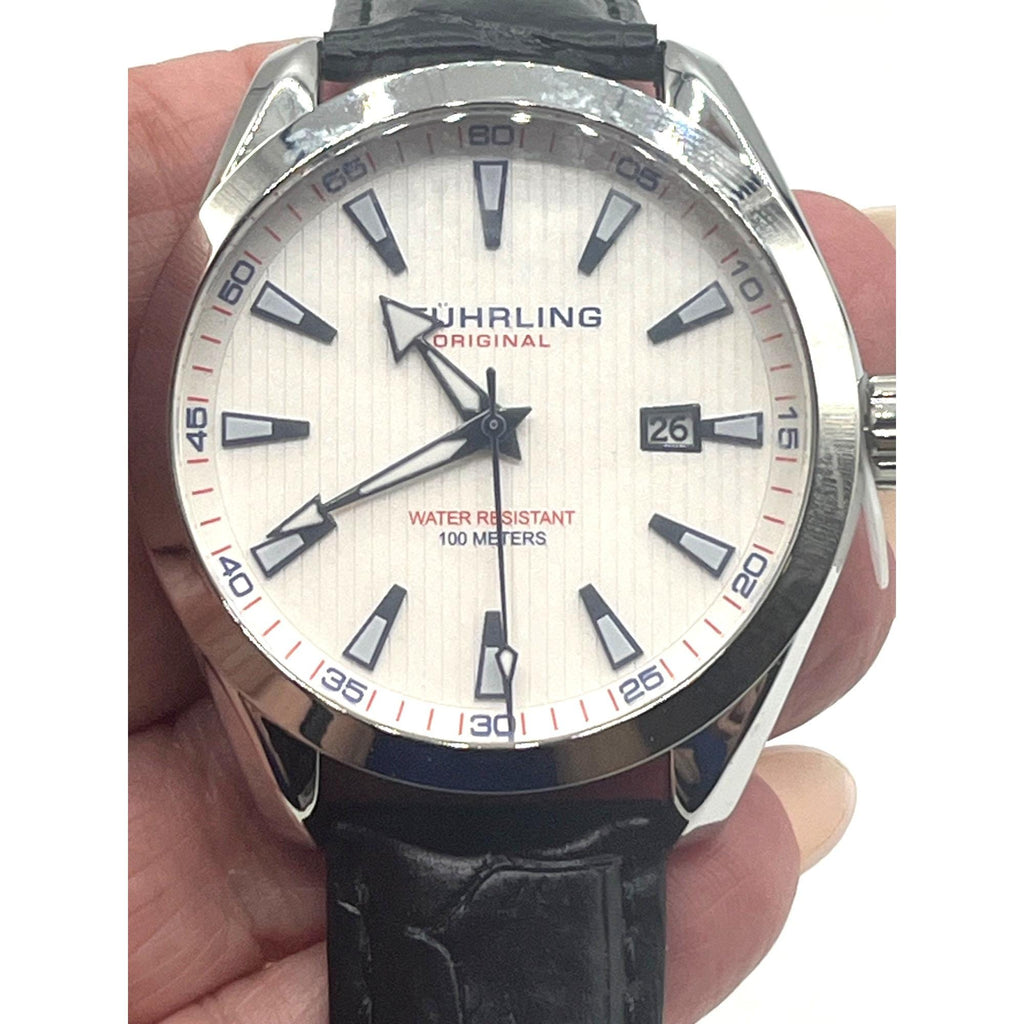 Stuhrling Original Mens Watch With White Dial Black Leather Band Stainless Steel Case Water Resistant 100 Meters Date Display