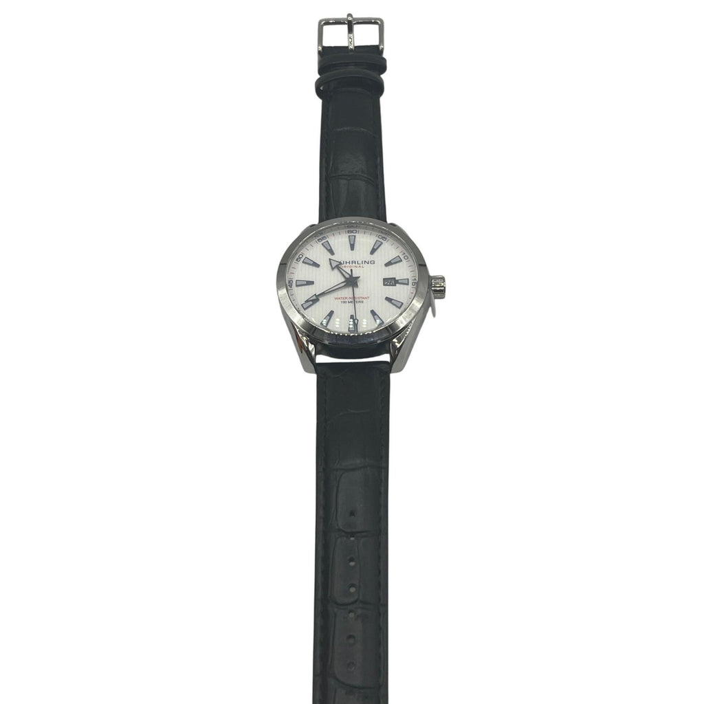 Stuhrling Original Mens Watch With White Dial Black Leather Band Stainless Steel Case Water Resistant 100 Meters Date Display