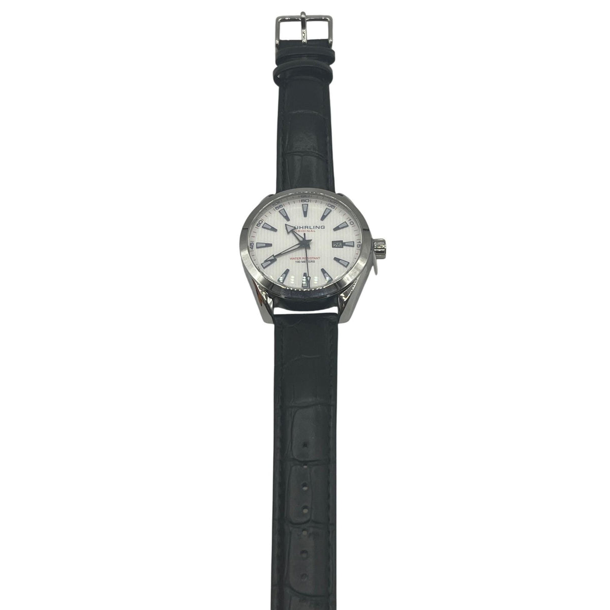 Stuhrling Original Mens Watch With White Dial Black Leather Band Stainless Steel Case Water Resistant 100 Meters Date Display