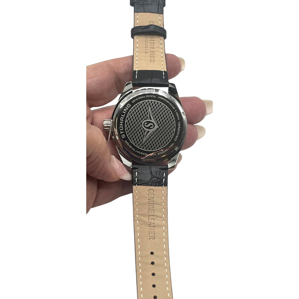 Stuhrling Original Mens Watch With White Dial Black Leather Band Stainless Steel Case Water Resistant 100 Meters Date Display