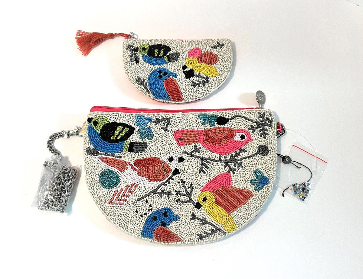 America & Beyond Beaded Clutch with Removeable Cross Body Chain and Coin Purse Beaded Birds and Embroidery 2 pc set