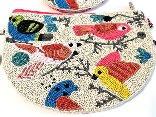 America & Beyond Beaded Clutch with Removeable Cross Body Chain and Coin Purse Beaded Birds and Embroidery 2 pc set